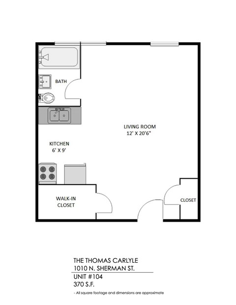 Floor plan for studio, 1 bath, 370 sqft